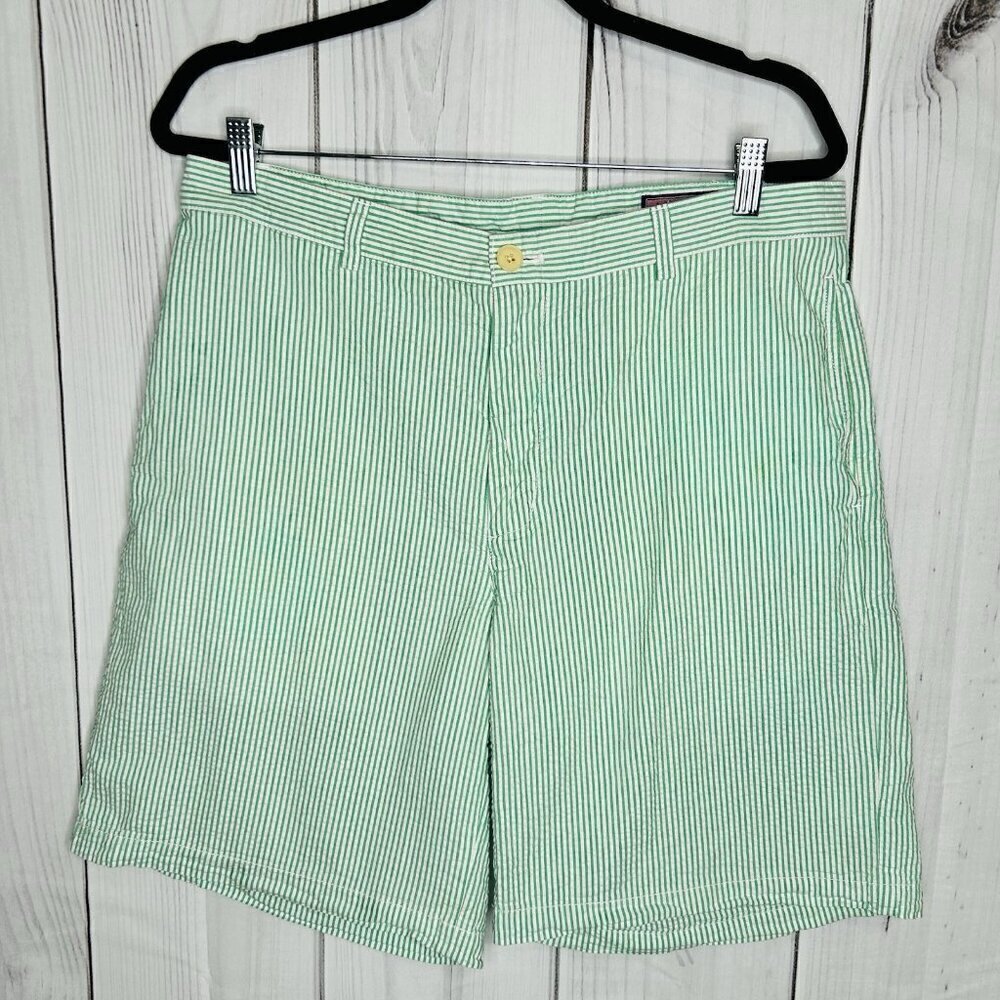 Vineyard Vines Shorts Sz 35 Green White Striped Seersucker 9" Inseam All Cotton